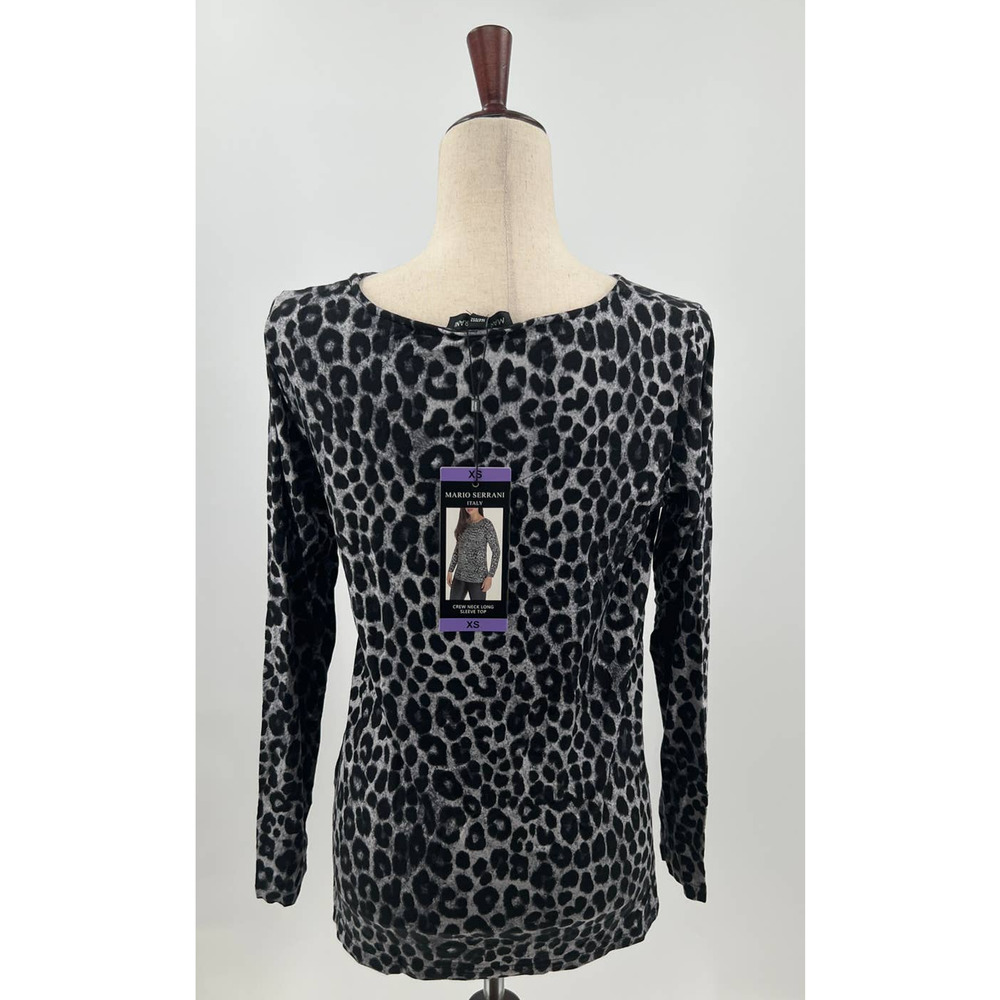 Mario Serrani Italy Womens Crew Neck Long Sleeve Top Gray Leopard XS